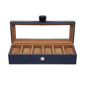 Presents Luxury 6 Slot Watch Box for Men & Women Lockable Leather Watch Organizer with Glass Lid, Soft Velvet Cushions, Premium Display & Storage Case for Watches (Blue)