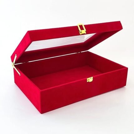 Present RED Storage Box with Transparent Lid Multipurpose Organizer Case with Gold Lock for Jewellery, Watches, Accessories, Keepsakes & Gifts