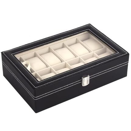 Presents Luxury 12 Slot Watch Box for Men & Women Lockable Leather Watch Organizer with Glass Lid, Soft Velvet Cushions, Premium Display & Storage Case for Watches (Black)