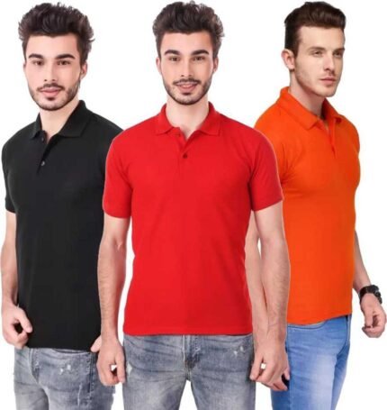 Men's Polo Neck Half Sleeve Casual Tshirt Combo of Red, Black, Orange colors (Pack of 3)