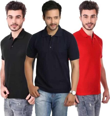Men's Polo Neck Short Sleeve Casual Tshirt Combo of Dark Blue, Red, Black colors (Pack of 3)