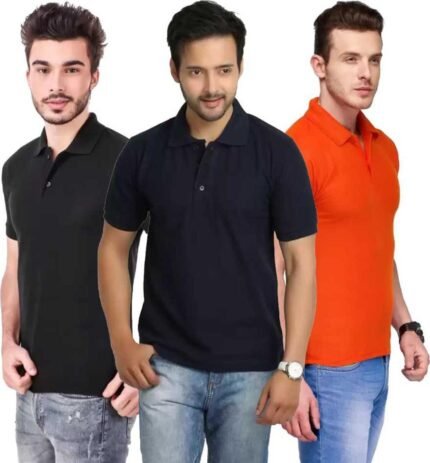 Men's Polo Neck Short Sleeve Casual Tshirt Combo of Dark Blue, Black, Orange colors (Pack of 3)